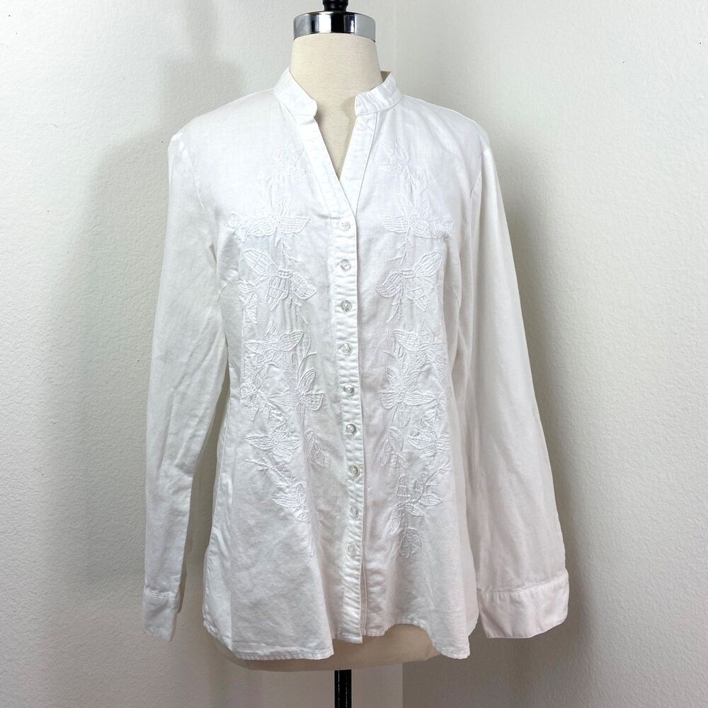 Tweed White Linen Blouse XL Embroidery Button Front Boho Peasant Career Preppy